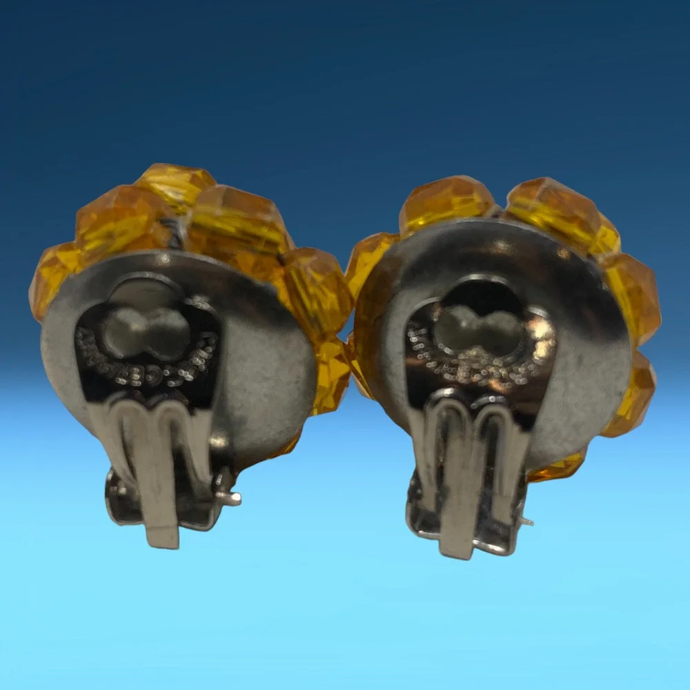Vintage 1960's Western Germany Amber Colored Beaded Cluster Earrings Clip On